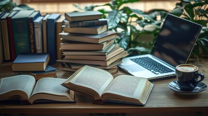 Wall Mural - A study desk with scattered books, a cup of coffee, and a laptop, creating a productive reading and work environment.