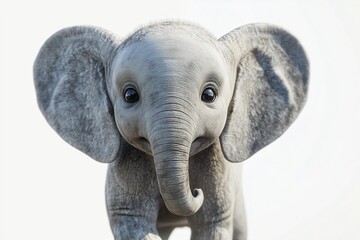 Wall Mural - A dynamic 3D of a baby elephant in a close up view, displaying its playful and gentle nature. The elephant is set against a stark white background with smooth, bright lighting