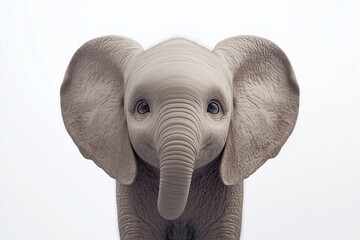 Wall Mural - A dynamic 3D of a baby elephant in a close up view, displaying its playful and gentle nature. The elephant is set against a stark white background with smooth, bright lighting