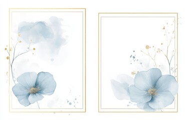 Two Light Blue and Gold Flower Illustrations with Golden Frames on White Backgrounds