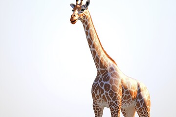 Wall Mural - A dynamic 3D of a giraffe in a close up view, displaying its elegant and distinctive features. The giraffe is set against a stark white background with smooth, bright lighting