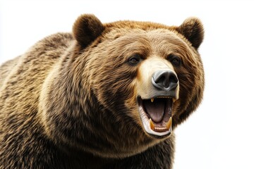 Wall Mural - A dynamic 3D of a grizzly bear in a close up view, displaying its formidable presence. The bear is set against a stark white background with smooth, bright lighting that