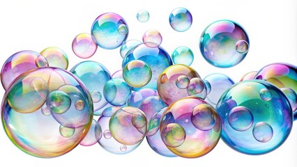 Poster - Soap bubbles isolated on white background, soap bubbles, isolated, white background, translucent, floating, round