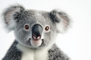 Wall Mural - A dynamic 3D of a koala in a close up view, displaying its endearing and gentle nature. The koala is set against a stark white background with smooth, bright lighting that