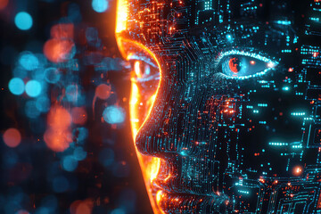 Poster - A Mysterious Digital Face Illuminated by Streams of Data, Evoking Intriguing Thoughts About Technology and Humanity.