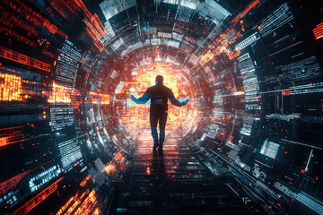Poster - A Hacker's Odyssey: Exploring the Depths of a Futuristic Digital Realm with Vibrant Lights and Dynamic Data Streams.