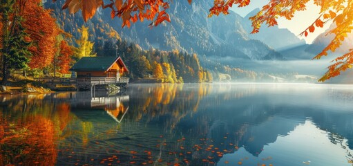 Canvas Print - Tranquil Cabin Reflection in Autumnal Lake