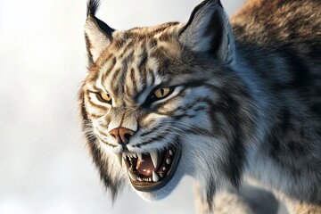 Wall Mural - A dynamic 3D of a lynx in a close up view, displaying its fierce and commanding nature. The lynx is set against a stark white background with smooth, bright lighting that
