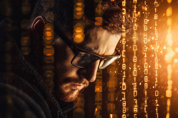 Poster - A dedicated hacker immersed in digital codes, unraveling complex passwords amidst a vibrant cybernetic backdrop of streaming data.