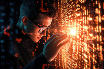 Poster - A focused hacker navigating through a digital maze, cracking codes and unlocking secrets in a mesmerizing light display.