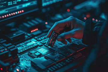Poster - A shadowy hacker carefully inserts a USB drive into a secure terminal, sending waves of anticipation through the digital realm.
