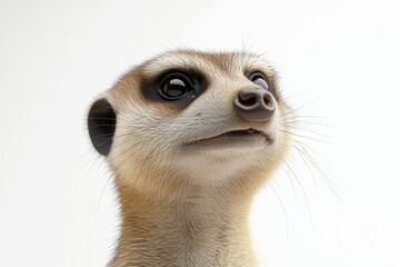 Wall Mural - A dynamic 3D of a meerkat in a close up view, displaying its curious and watchful nature. The meerkat is set against a stark white background with smooth, bright lighting that