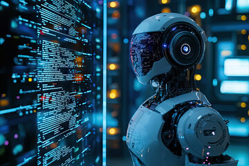 Poster - A humanoid robot immersed in complex data analysis, showcasing futuristic technology in a captivating digital environment.