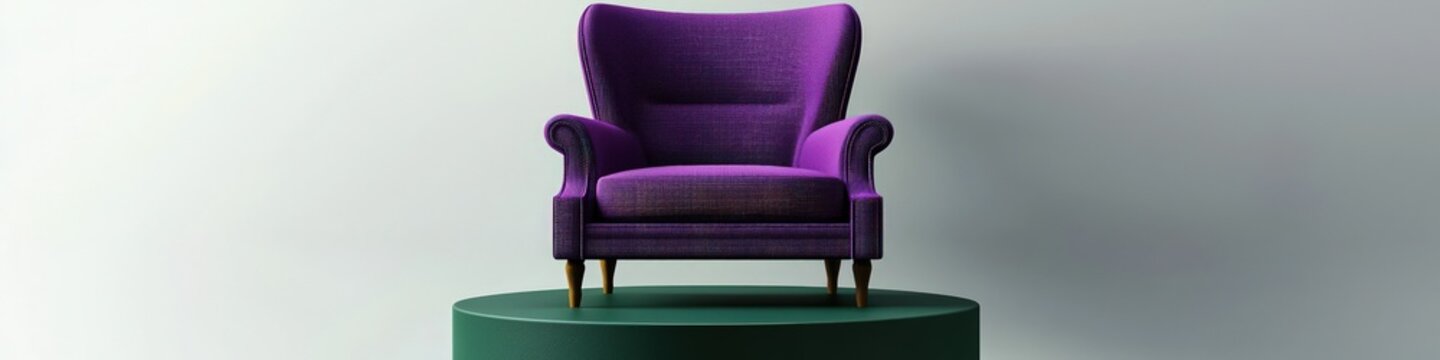 A digitally rendered violet armchair on a green podium in a minimalist style, set against a white backdrop.