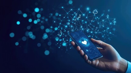 Digital health concept featuring a smartphone displaying heart symbols and network connections for modern connectivity.