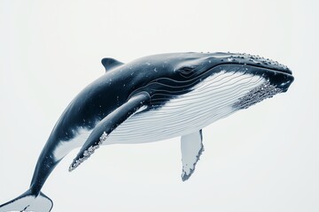 Wall Mural - A dynamic 3D of a whale in a close up view, displaying its impressive size and smooth texture. The whale is set against a stark white background with smooth, bright lighting that