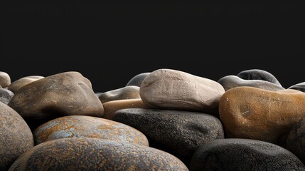 Poster - A minimalist stone landscape with a variety of smooth, rounded stones in different shades, contrasted against a stark black background. The focus is on the stones' textures and shadows.