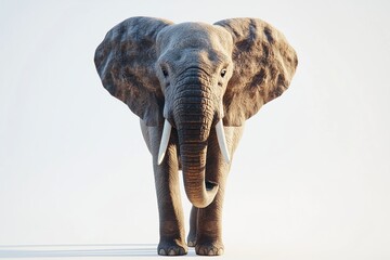 Wall Mural - A dynamic 3D of an elephant in a close up view, displaying its powerful and wise demeanor. The elephant is set against a stark white background with smooth, bright lighting that