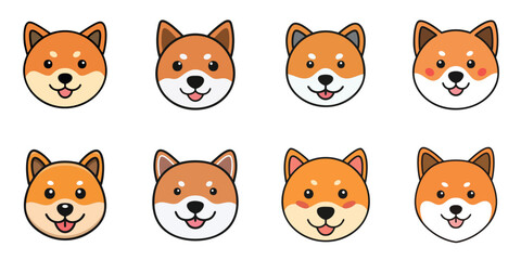 Wall Mural - Illustration of multiple cute Shiba Inu face characters, black outline