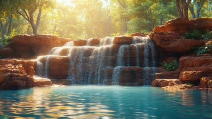 Tranquil Waterfall in Lush Green Forest with Sun Rays