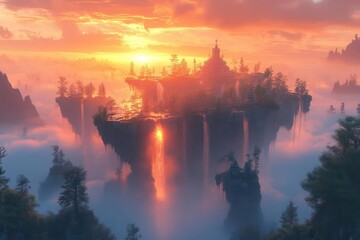 Wall Mural - surreal mountain sunrise with floating islands and gravitydefying waterfalls vibrant colors ethereal mist otherworldly landscape blending reality and imagination