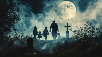 Wall Mural - rear view of a family dressed in halloween costumes walking down a misty path towards a spooky grave