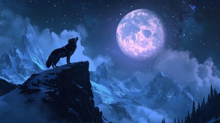 A regal wolf on a mountain peak, howling at the moon with the night sky as a backdrop.