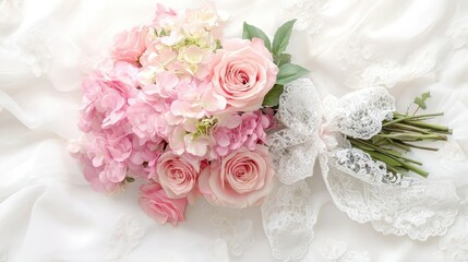 Wall Mural - A romantic floral arrangement of pink roses and hydrangeas tied with a lace ribbon, set on a soft white background.