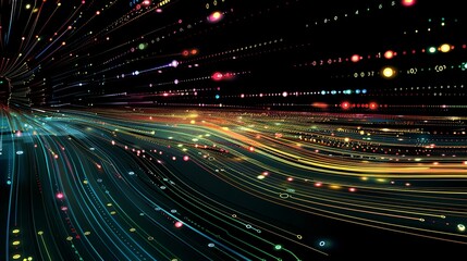 Abstract vector illustration of data flow with binary code and colorful lines.