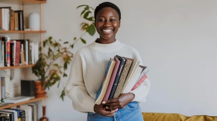 Poster - A woman is holding a stack of books and smiling