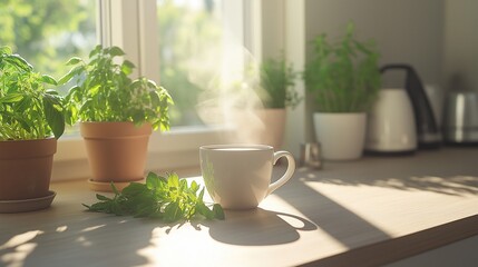 Wall Mural - steaming cup of coffee on a modern kitchen countertop, surrounded by fresh herbs