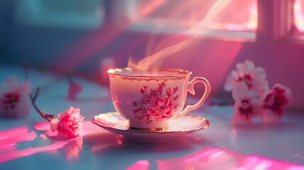 White china teacup with pink rose and cookies on saucer, isolated on black background