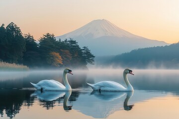 tranquil japanese landscape two graceful swans glide on mirrorlike lake iconic mount fuji rises majestically in background soft pastel sky serene composition zeninspired beauty