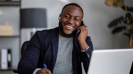 Wall Mural - A man is sitting at a desk with a laptop and a cell phone