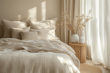 Wall Mural - Serene Minimalist Guest Room with Neutral Bedding and Light Wood Side Tables in Soft Morning Light