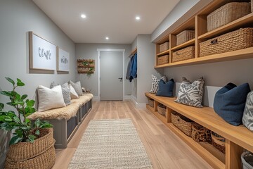 Wall Mural - Serene Minimalist Mudroom with Light Wood Bench and Storage Cubbies in Neutral Tones, Functional and Tidy Wide-Angle Shot