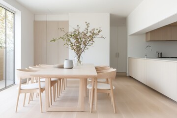 Wall Mural - Cozy Minimalist Breakfast Nook in Neutral Tones with Light Wood Furniture, Captured from Side Angle, Bathed in Natural Light for an Intimate Feel