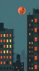 Poster - Night Cityscape with Red Moon and Stars