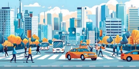 Canvas Print - Cityscape Illustration with People Crossing the Street