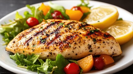 Wall Mural - A grilled chicken breast on a plate with a fresh salad and lemon wedges