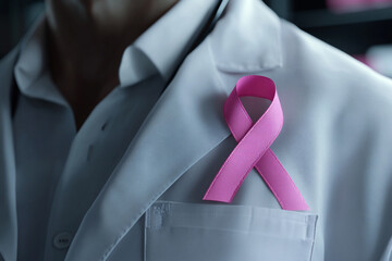 Fighting cancer in women. Purple ribbon on white doctor's coat. Face not visible.