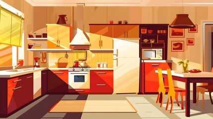 Poster - Modern Cartoon Kitchen Interior Design Illustration