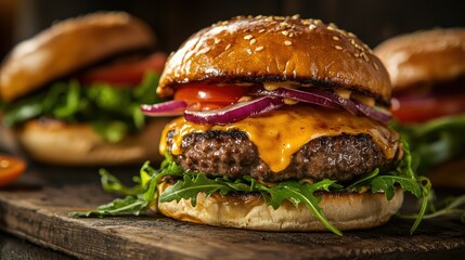 Poster - A juicy burger patty with melted cheese, surrounded by fresh toppings and buns