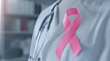 fighting cancer in women. purple ribbon on white doctor's coat. face not visible.