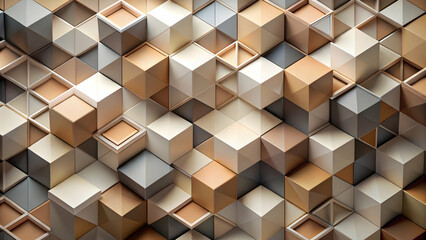 Poster - Geometric Harmony in Wood: A mesmerizing pattern of wooden cubes in warm, earthy tones, creating a captivating visual experience. 