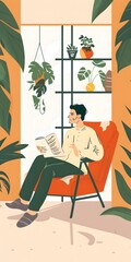 Wall Mural - Man Relaxing in Armchair with Plants and Newspaper