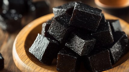 Kuro Ame: Delectable Close-Up of Rich Black Sugar Candy on Neutral Background