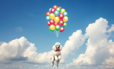 Wall Mural - Poodle dog puppy flying with balloons, floating in the sky, cute and funny surrealism image