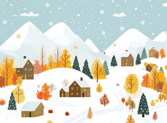 Poster - winter village landscape with snowy mountains