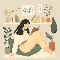 Poster - Woman Reading Book In Cozy Home Decorated With Plants